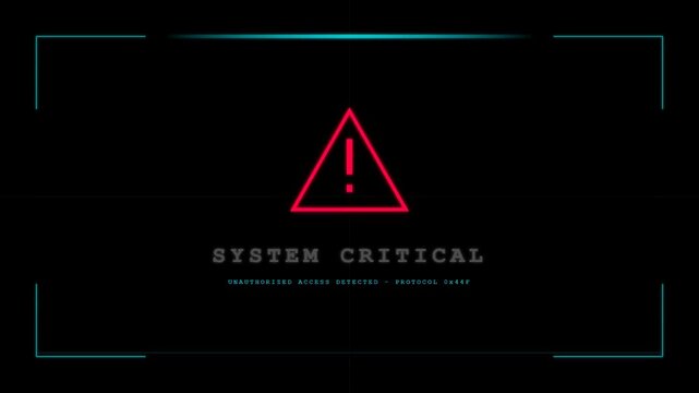 Technical computer screen displaying a system critical warning alert with a glowing red triangle exclamation icon and futuristic digital HUD interface during a cyber security breach and data hack.