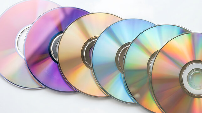 Row of iridescent compact discs isolated on a transparent background