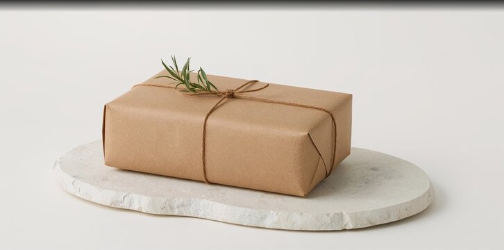 Minimalist gift package wrapped in kraft paper, tied with twine and rosemary, resting on a stone surface