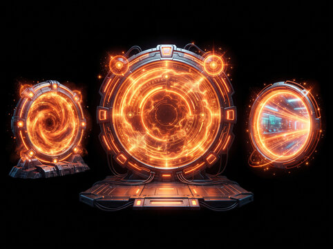 Futuristic Glowing Energy Portals and Sci-Fi Gateways Set on Dark Background