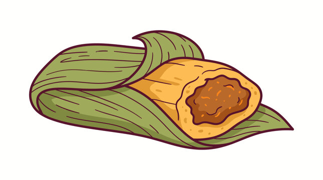 An illustration of a traditional tamale, a savory dish wrapped in a leaf, with its delicious filling visible.