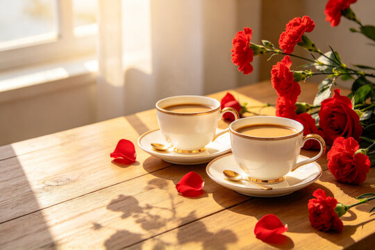 Two cups of coffee with milk sit on a wooden table bathed in morning sunlight, surrounded by vibrant red carnations and scattered flower petals.