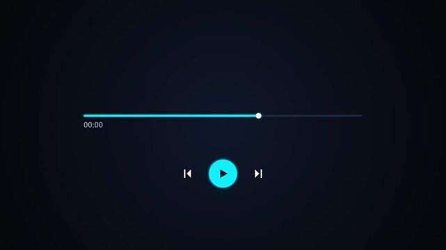 Minimalist dark mode audio and video media player interface with a blue play button and progress bar