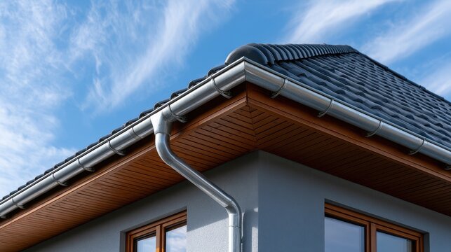 A modern house roof with newly installed metal gutters and downspouts under a blue sky. Ideal for showcasing home improvement, roofing services, and exterior maintenance.
