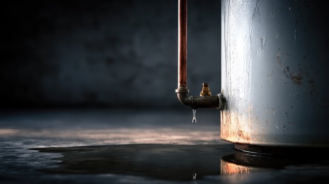 Water dripping from a rusty pipe connected to a broken home water heater in a dim basement. Plumbing repair concept for home maintenance services.