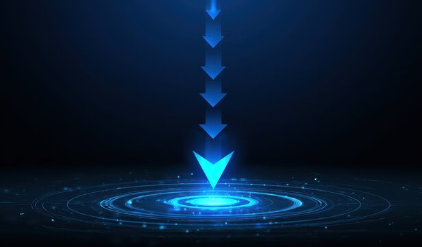 Glowing blue glowing arrows pointing down onto a digital futuristic grid target. Data reduction and business analytics concept for tech presentations.