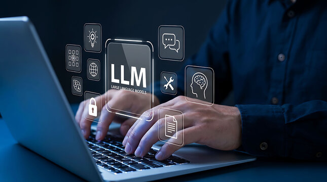 Person typing on a laptop with digital overlays representing large language models