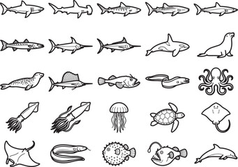Obraz premium A collection of stylized black and white illustrations depicts various marine animals, showcasing diverse sea life in a clean, graphic style.