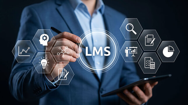 Businessman interacting with digital learning management system LMS interface