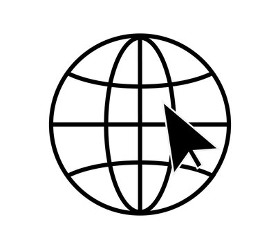Minimalist icon of a globe with computer mouse cursor arrow