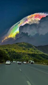 Rare Iridescent Pileus Rainbow Cloud Over Scenic Highway and Green Mountains Under Stormy Sky