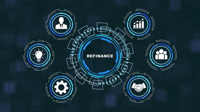 Dynamic digital hud interface featuring refinance concept with animated financial corporate growth graphs, networking symbols, and modern banking technology for business presentations