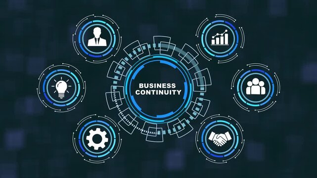 Business continuity management strategy concept featuring animated digital hud interface with corporate for risk resilience, operational stability, disaster recovery planning, and enterprise growth