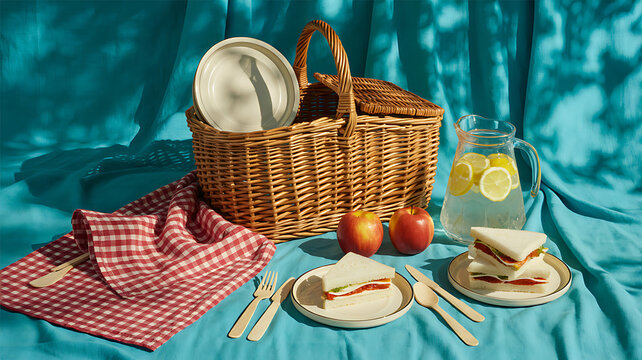 Picnic basket with sandwiches, lemonade, and apples on a vibrant turquoise fabric background for summer outdoor dining