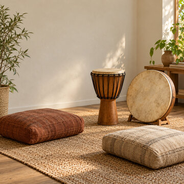 Hand Drums and Floor Cushions in a Sunlit Acoustic Music Room Corner