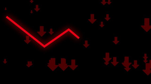 A glowing red stock chart trend line declining alongside floating red downward arrows over a dark background. 