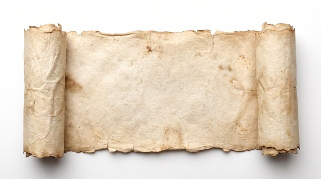 Vintage weathered antique parchment scroll with aged yellowed texture and torn edges isolated on white background
