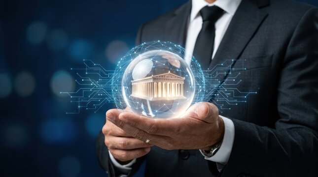 Businessman holding crystal ball with ancient Greek temple building