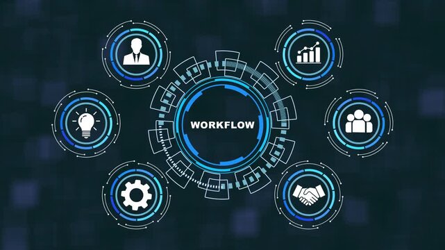 Dynamic digital workflow infographic animation featuring interactive business corporate strategy planning, management systems, and modern technological process optimization visuals