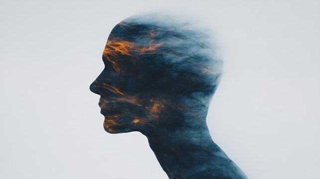 A double exposure image blending a human profile with dynamic ocean waves and fiery light streaks, symbolizing inner strength and emotional depth.