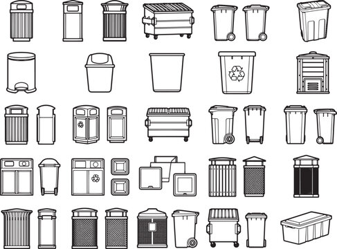 A collection of various trash cans and waste receptacles, ranging from small household bins to large industrial dumpsters, presented in a clear, vectorized graphic style.