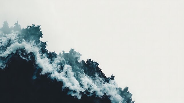 Smoke rises from a dense forest, indicating a wildfire or controlled burn against a pale sky background.