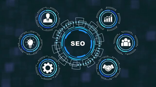 Dynamic seo search engine optimization concept animation featuring futuristic digital interface for business growth, marketing strategy, data analytics, and web development solutions