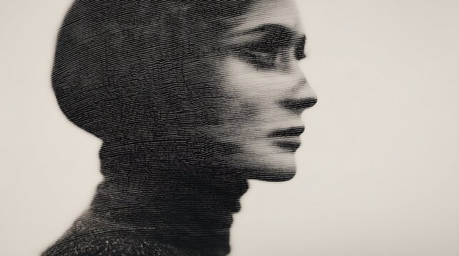 A monochrome, pixelated side profile of a woman's face created using a textured or mosaic-like pattern.