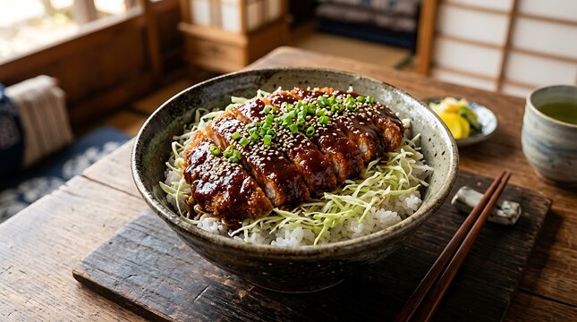 Delicious pork katsu don bowl with fresh greens and sauce served on a wooden table in a restaurant. Nagoya rice bowl