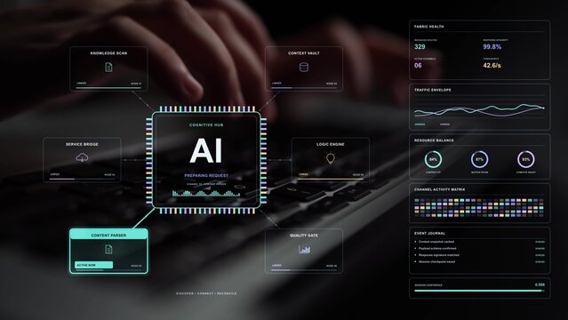 A shared AI hub organizes knowledge, logic and service activity, connecting parsed content with validation and the routing of information across components.