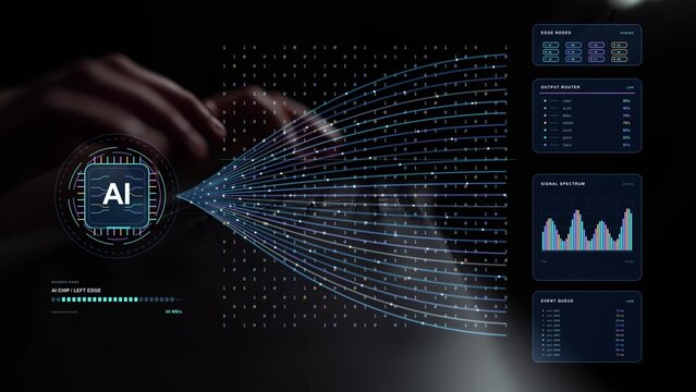 Work continues on a laptop. An AI processor connects binary data streams with edge nodes, illustrating how computing hardware handles information and distributes it through a network.