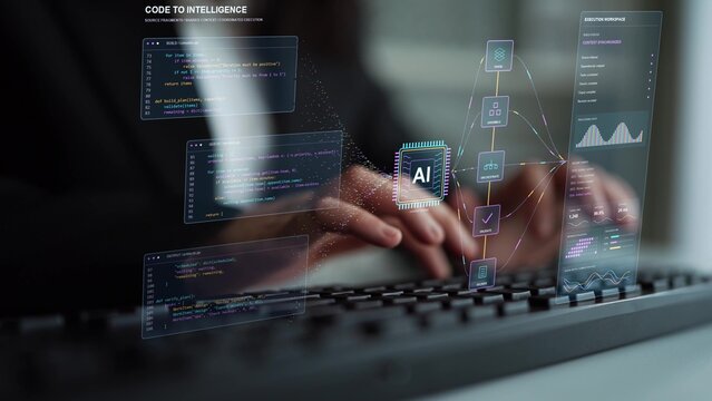 An AI code assembly workflow combines separate program fragments with contextual reasoning, linking orchestration and checks to the delivery of executable results.