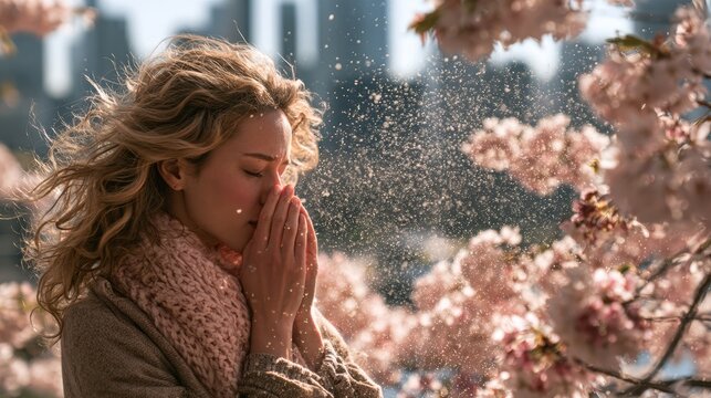 Young woman sneezing into a tissue suffering from seasonal pollen allergy during a sunny spring time,cherry blossoms,sakura,wellness ,unhealthy concept.