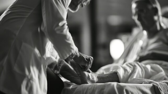 Healthcare Professional Examining an Older Adult Foot at hospital or clinic,Concept of osteoarthritis, knee pain, osteoarthritis, knee inflammation,Physical therapy.