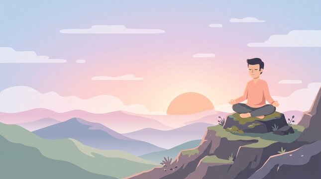 Cartoon Man Meditating on Mountain Calm Pastel Flat Vector Illustration for Mindfulness Posters