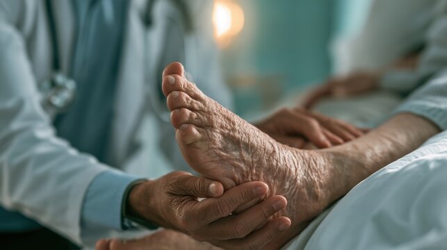 Healthcare Professional Examining an Older Adult Foot at hospital or clinic,Concept of osteoarthritis, knee pain, osteoarthritis, knee inflammation,Physical therapy.