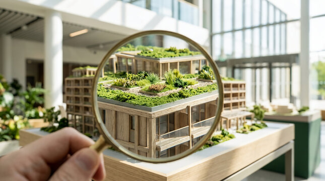 Close up view of a hand holding a magnifying glass to inspect a modern sustainable wooden architectural model with a lush green living roof in a bright sunlit eco-friendly office space