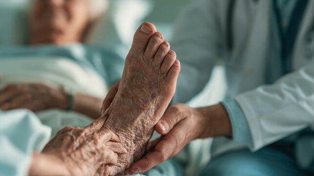 Healthcare Professional Examining an Older Adult Foot at hospital or clinic,Concept of osteoarthritis, knee pain, osteoarthritis, knee inflammation,Physical therapy.