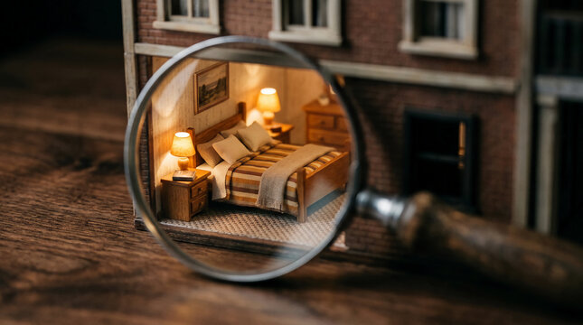 Detailed view of a cozy miniature bedroom inside a tiny dollhouse seen through a magnifying glass, highlighting the intricate craftsmanship and warm lighting of a scale model home