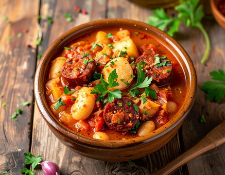 Fabada asturiana bean stew in clay bowl