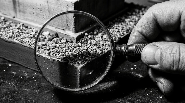 Close up of an investigator hand holding a magnifying glass to inspect concrete foundation and gravel in high contrast black and white photography for industrial construction analysis