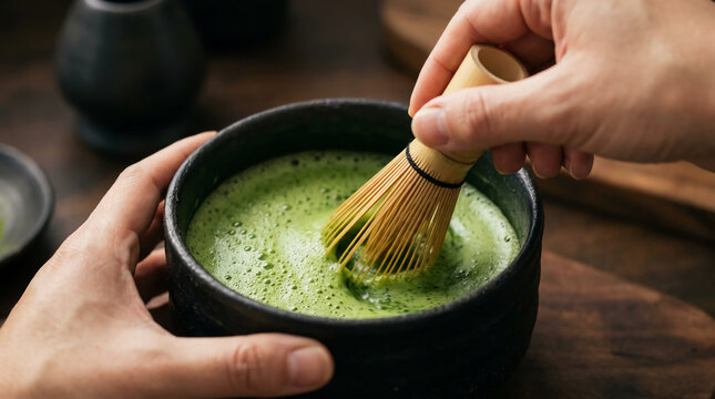 Person Whisking Matcha Green Tea in Ceramic Bowl with Bamboo Whisk on Dark Rustic Wooden Table, Preparation of Healthy Organic Powdered Frothy Tea, Moody Cinematic Macro Close-up Photography