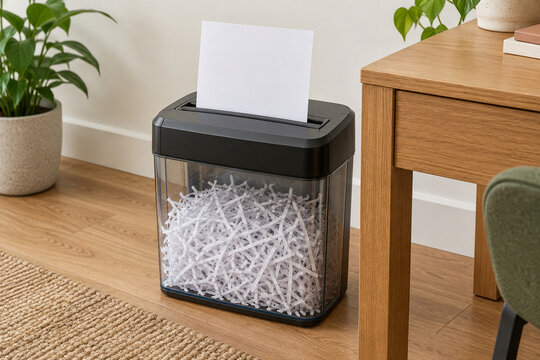 Paper shredder and shredded documents in a tidy office