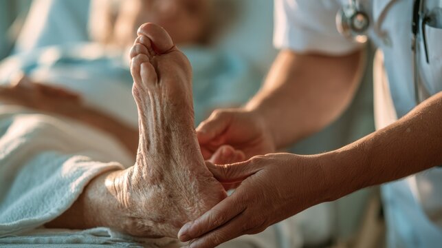 Healthcare Professional Examining an Older Adult Foot at hospital or clinic,Concept of osteoarthritis, knee pain, osteoarthritis, knee inflammation,Physical therapy.
