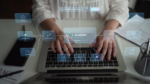 A person types on a laptop. Scheduled triggers, incoming messages and events feed an AI agent that reasons about requests and connects them with automated actions or responses.