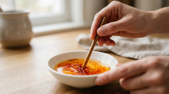 Hand stirring premium saffron threads in a small white bowl of warm water on a rustic wooden table with soft natural light, highlighting vibrant orange colors and gourmet food preparation.
