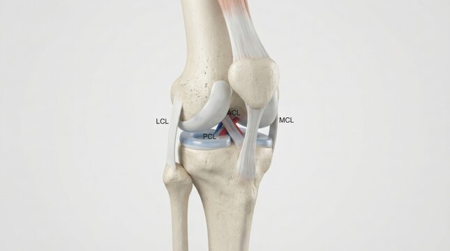 Anatomy of human knee joint with ligaments and labels illustration