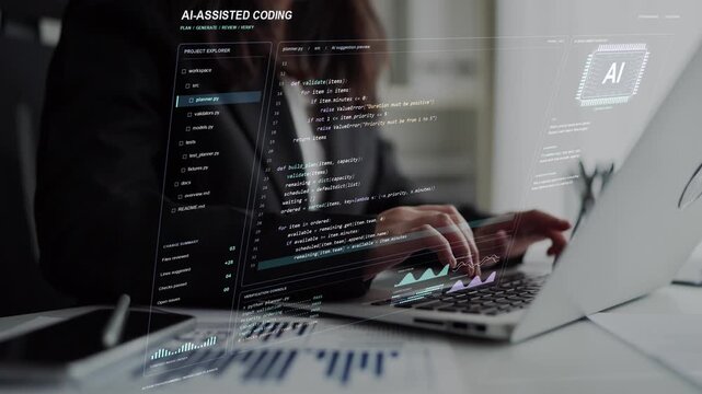 A woman works on a laptop. AI-assisted software development combines a task planning prompt with source code, while validation checks help assess the proposed program behavior.