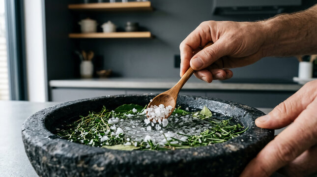 Man's hand sprinkling coarse sea salt from a wooden spoon into a rustic stone bowl with fresh herbs and water in a modern kitchen, professional food photography with natural dark mood.