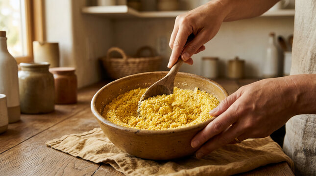 Close up of person hands stirring yellow couscous or semolina in a handcrafted ceramic bowl using a wooden spoon on a rustic kitchen table with warm natural light and an authentic farmhouse mood.